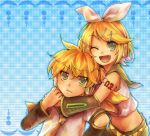  blonde_hair fang green_eyes hair_ornament hair_ribbon hairclip happy haru_ion hug kagamine_len kagamine_rin oharu ribbon short_hair siblings twins vocaloid wink 