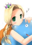  blonde_hair blush braid cape crown dragon_quest dragon_quest_v green_eyes king_slime long_hair single_braid slime smile theta_(ponkotsu_works) 