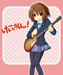 akina_rei bad_id brown_eyes brown_hair guitar hirasawa_yui instrument k-on! les_paul pantyhose school_uniform short_hair solo