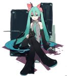  boots cat crossed_legs detached_sleeves expressionless green_hair hair_ribbon hatsune_miku highres long_hair mitosa ribbon sitting solo thigh-highs thigh_boots thighhighs twintails vocaloid 