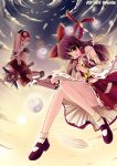  bobby_socks bow brown_eyes brown_hair caidychen detached_sleeves flying gohei hair_bow hakurei_reimu legs looking_at_viewer mary_janes mecha midriff navel open_mouth shoes short_hair sky smile socks touhou yin_yang 
