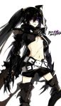  belt black_hair black_rock_shooter flat_chest gauntlets greaves insane_black_rock_shooter long_hair midriff navel pale_skin purple_eyes scar shorts starshadowmagician stitches twintails violet_eyes 