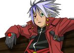   blazblue fullmetal_alchemist gloves green_eyes heterochromia ichigou leaning parody ragna_the_bloodedge red_eyes short_hair silver_hair spiky_hair trenchcoat  