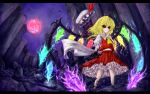  black_sclera blonde_hair flandre_scarlet hat highres koohee moon red_eyes red_moon short_hair sibanoue touhou wings 