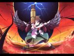  arm_cannon asakura_masatoki black_hair black_wings cape eyes grin highres long_hair red_eyes reiuji_utsuho smile touhou weapon wings 