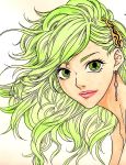  bad_id colored_pencil_(medium) earrings final_fantasy final_fantasy_iv green_eyes green_hair hair_ornament highres jewelry lipstick long_hair paint_(medium) rydia sayococco solo traditional_media 