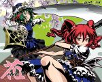  green_eyes green_hair hair_bobbles hair_ornament high_contrast multiple_girls onozuka_komachi red_eyes red_hair rod_of_remorse scythe shikieiki_yamaxanadu short_hair touhou tsukimido 