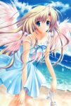  beach blonde_hair blue_dress blue_eyes dress halo holding holding_shoes long_hair wings 