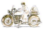  00s 1girl androgynous ground_vehicle hachiyama_(artist) hermes kino kino_no_tabi monochrome motor_vehicle motorcycle short_hair solo traditional_media watercolor_(medium) 