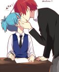  2boys akabane_karma ansatsu_kyoushitsu aqua_hair blue_eyes child closed_eyes hi-ma jacket kiss male_focus multiple_boys necktie redhead shiota_nagisa shirt short_hair simple_background sitting standing t-shirt table translation_request vest white_background writing yaoi 