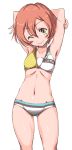 1girl armpits arms_behind_head arms_up bangs bikini blush breasts brown_hair closed_mouth collarbone eyebrows_visible_through_hair gluteal_fold hair_between_eyes hips hoshizora_rin looking_at_viewer love_live! love_live!_school_idol_project navel one_eye_closed sen_(sen0910) short_hair simple_background small_breasts smile solo striped striped_bikini swimsuit thighs v white_background yellow_eyes 