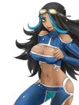  10s 1girl bare_shoulders black_hair blue_eyes breasts cleavage cleavage_cutout erichika goggles hair_over_one_eye izumi_(pokemon) izumi_(pokemon)_(remake) lips lipstick long_hair makeup midriff multicolored_hair navel pants pokemon pokemon_(game) pokemon_oras 