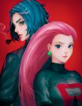  1boy 1girl arnon_nakhlek back-to-back blue_eyes blue_hair kojirou_(pokemon) looking_at_viewer musashi_(pokemon) pink_hair pipe pokemon pokemon_(anime) red_background smile team_rocket 