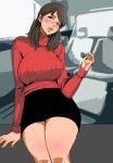  1girl black_hair black_skirt blush breasts brown_eyes earrings huge_breasts jewelry legs long_hair long_sleeves looking_at_viewer milf original parted_lips pietoro red_sweater sitting skirt solo sweater thighs turtleneck 