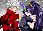 1boy 1girl bare_shoulders belt blazblue breasts brother_and_sister clenched_teeth coat detached_sleeves hades_izanami hair_ornament long_hair mikado_(blazblue) open_mouth ponytail purple_hair ragna_the_bloodedge red_eyes short_hair siblings sideboob sword teeth weapon white_hair 