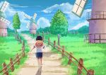  1boy east_blue fence hat male_focus monkey_d_luffy one_piece shirt shorts solo straw_hat t-shirt walking windmill younger 
