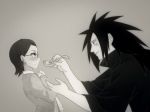  1boy 1girl child gradient gradient_background monochrome naruto uchiha_madara uchiha_sarada 