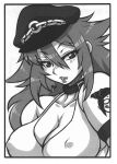  1girl breasts capcom female hat large_breasts long_hair looking_at_viewer monochrome nakagami_takashi no_bra poison_(final_fight) simple_background smile solo 