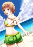  1girl artist_request ass atlus back bad_anatomy bare_shoulders belt bikini_top blush bra breasts brown_eyes brown_hair butt_crack from_behind looking_at_viewer megami_tensei open_mouth persona persona_4 satonaka_chie shin_megami_tensei shiny shiny_hair shiny_skin short_hair shorts smile solo underwear 