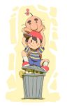  1boy 1girl backpack black_hair blush bow cap mother_(series) mr.saturn ness nintendo putrid_moldyman short_hair sitting smile trash_can usikani 