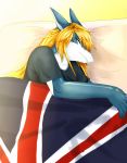  androgynous artist_request bed blonde_hair closed_eyes dragon flag furry sleeping solo upper_body 