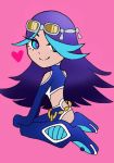  10s 1girl artist_request bare_shoulders blue_eyes breasts chibi dark_skin goggles hair_over_one_eye heart izumi_(pokemon) izumi_(pokemon)_(remake) long_hair midriff multicolored_hair pants pink_background pokemon pokemon_(game) pokemon_oras purple_hair smile 