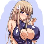  1girl armlet bare_shoulders black_swimsuit blonde_hair blue_eyes blush breasts center_opening cleavage_cutout female flower hair_between_breasts hair_flower hair_ornament huge_breasts long_hair looking_at_viewer nanakorobi_yaoki original sexually_suggestive shy simple_background solo standing swimsuit upper_body 
