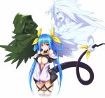 1girl anger_vein arc_system_works arguing bare_shoulders black_legwear blue_hair blush breasts detached_sleeves dizzy guilty_gear hair_ribbon large_breasts long_hair necro_(guilty_gear) open_mouth red_eyes ribbon shiny shiny_hair shiny_skin tail tail_grab tail_pull tail_ribbon tears thigh-highs un under_boob undine_(guilty_gear) wings 