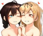  2girls ;) aqua_eyes bare_shoulders blonde_hair blush brown_hair female heart kantai_collection long_hair multiple_girls red_eyes satsuki_neko shigure_(kantai_collection) simple_background smile white_background yuri yuudachi_(kantai_collection) 