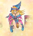  1girl artist_request bare_legs bare_shoulders blonde_hair boots breasts dark_magician_girl duel_monster female hat highres large_breasts legs long_hair magical_girl serious skirt solo wand wizard_hat yu-gi-oh! yuu-gi-ou_duel_monsters 