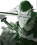  1boy bandanna haramaki male_focus monochrome mouth_hold multiple_swords one-eyed one_piece roronoa_zoro sandai_kitetsu scar shusui solo sword wado_ichimonji weapon 