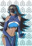  10s bare_shoulders black_hair blue_eyes breasts dark_skin goggles hair_over_one_eye izumi_(pokemon) izumi_(pokemon)_(remake) koi_no_iro lips lipstick long_hair makeup midriff multicolored_hair navel pants pokemon pokemon_(game) pokemon_oras 