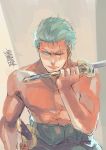  1boy green_hair male_focus one-eyed one_piece roronoa_zoro solo sword topless weapon 