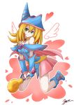  1girl artist_request bare_legs bare_shoulders blonde_hair boots breasts dark_magician_girl duel_monster female hat highres large_breasts legs long_hair magical_girl skirt smile solo wand wizard_hat yu-gi-oh! yuu-gi-ou_duel_monsters 