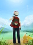  1boy 90s backpack black_hair field fingerless_gloves from_behind gloves grass hat nintendo pikachu pokemon pokemon_(game) pokemon_rgby red_(pokemon) shine_sapphire sunlight 