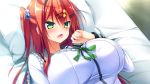  1girl artist_request bed blush breasts character_request game_cg green_eyes hanikami_clover large_breasts long_hair lying on_back open_mouth pillow redhead side_ponytail solo tagme 