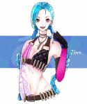  1girl belt blue_hair braid bullets gloves jinx_(league_of_legends) league_of_legends long_hair pink_eyes tattoo twin_braids 