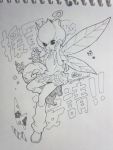  1girl bandai breasts digimon fairy fairy_wings female gradient gradient_background lillymon looking_at_viewer monochrome skirt solo traditional_media vanilla1034 wings 