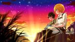  10s 2014 2boys armin_arlert blonde_hair blush book boots bottle child dated eren_yeager grass male_focus moxue_qianxi multiple_boys outdoors pants shingeki_no_kyojin shirt short_hair signature sitting sky smile star sunset suspenders sweat 