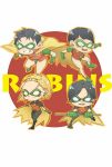  1girl 3boys batman_(series) boots brothers cape chibi dc_comics dick_grayson domino_mask gloves jason_todd mask multiple_boys robin_(dc) siblings staff stephanie_brown tim_drake time_paradox 