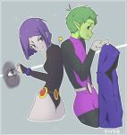  1boy 1girl ass back-to-back beast_boy_(dc) bodysuit cloak dc_comics forehead_jewel green_hair green_skin leotard nj-i_[mmjh] purple_hair raven_(dc) smile teen_titans 