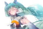 1girl ahoge aqua_nails blurry breasts closed_eyes comet_(artist) crying female fingerless_gloves flowing_hair gloves hand_holding hatsune_miku headphones holding_paper long_hair long_sleeves nail_polish open_mouth paper pixels small_breasts smile solo teal_hair teeth twintails vocaloid waist wind 