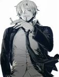  1boy hair_over_one_eye male_focus monochrome one_piece sanji solo suit 