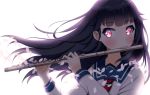  1girl black_hair blush botchi female flute haruchika homura_chika instrument long_hair pink_eyes school_uniform simple_background solo 