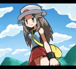  00s 1girl blue_(pokemon) breasts brown_eyes brown_hair clouds dadadanoda female hat long_hair nature outdoors plant pokemon pokemon_(game) pokemon_frlg skirt sky solo 