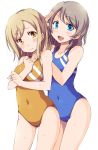  2girls 3: bangs blonde_hair blue_eyes blue_swimsuit blush breasts closed_mouth competition_swimsuit cowboy_shot eyebrows_visible_through_hair gluteal_fold grey_hair hand_up kunikida_hanamaru looking_at_another looking_at_viewer love_live! love_live!_school_idol_project love_live!_sunshine!! medium_breasts multiple_girls one-piece_swimsuit open_mouth salute sen_(sen0910) simple_background smile swept_bangs swimsuit teeth watanabe_you wavy_hair wet white_background yellow_eyes yellow_swimsuit 