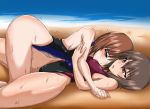  2girls beach blush breasts brown_eyes brown_hair girls_und_panzer incest large_breasts lying multiple_girls nishizumi_maho nishizumi_miho on_back one-piece_swimsuit open_mouth siblings sisters sweat swimsuit wet yuri 