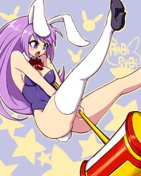  1girl animal_ears breasts bunny_tail bunnysuit cleavage detached_collar erina_(rabi-ribi) hammer purple_hair rabbit_ears rabi-ribi simple_background solo tail violet_eyes 