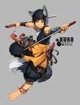  1boy absurdres animal_ears armguard barefoot black_hair blockun cargo_pants child feet fox_ears fox_tail grey_background looking_at_viewer male_focus muscle original pants sheath short_hair simple_background solo sword tail tank_top toes weapon yellow_eyes 