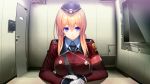  1girl aso_kiriri badge bangs blonde_hair blue_eyes breasts door game_cg gloves hat highres indoors large_breasts long_hair long_sleeves looking_at_viewer military military_uniform necktie nitroplus oosaki_shin&#039;ya sitting solo table tokyo_necro uniform upper_body 